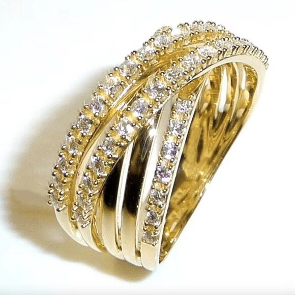 14k Yellow Gold Pave Diamond Ring Band Layer Criss Cross Ring - Picture 4 of 6